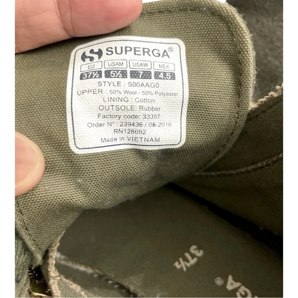 Superga Olive Wool Felt High Top Sneakers zipper, laces size 37 1/2 = 7 US